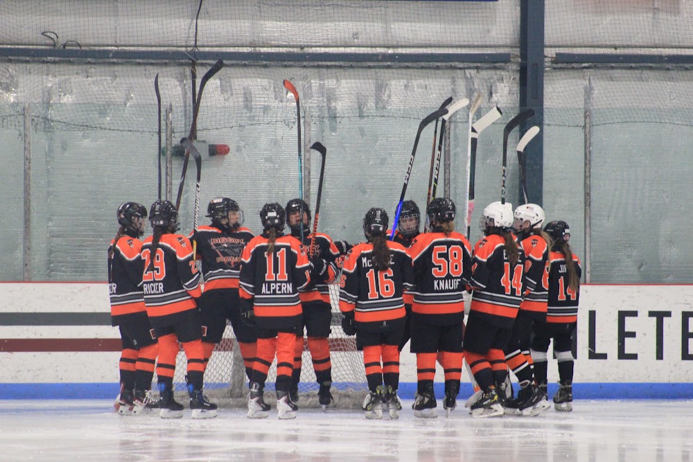 Pre-game huddle in Farmington Hills: Everly R. (#29), Charlotte A. (#11), Kaylee M. (#16), Rachael K. (#58), Maddie G. (#44) and Emma J. (#14).